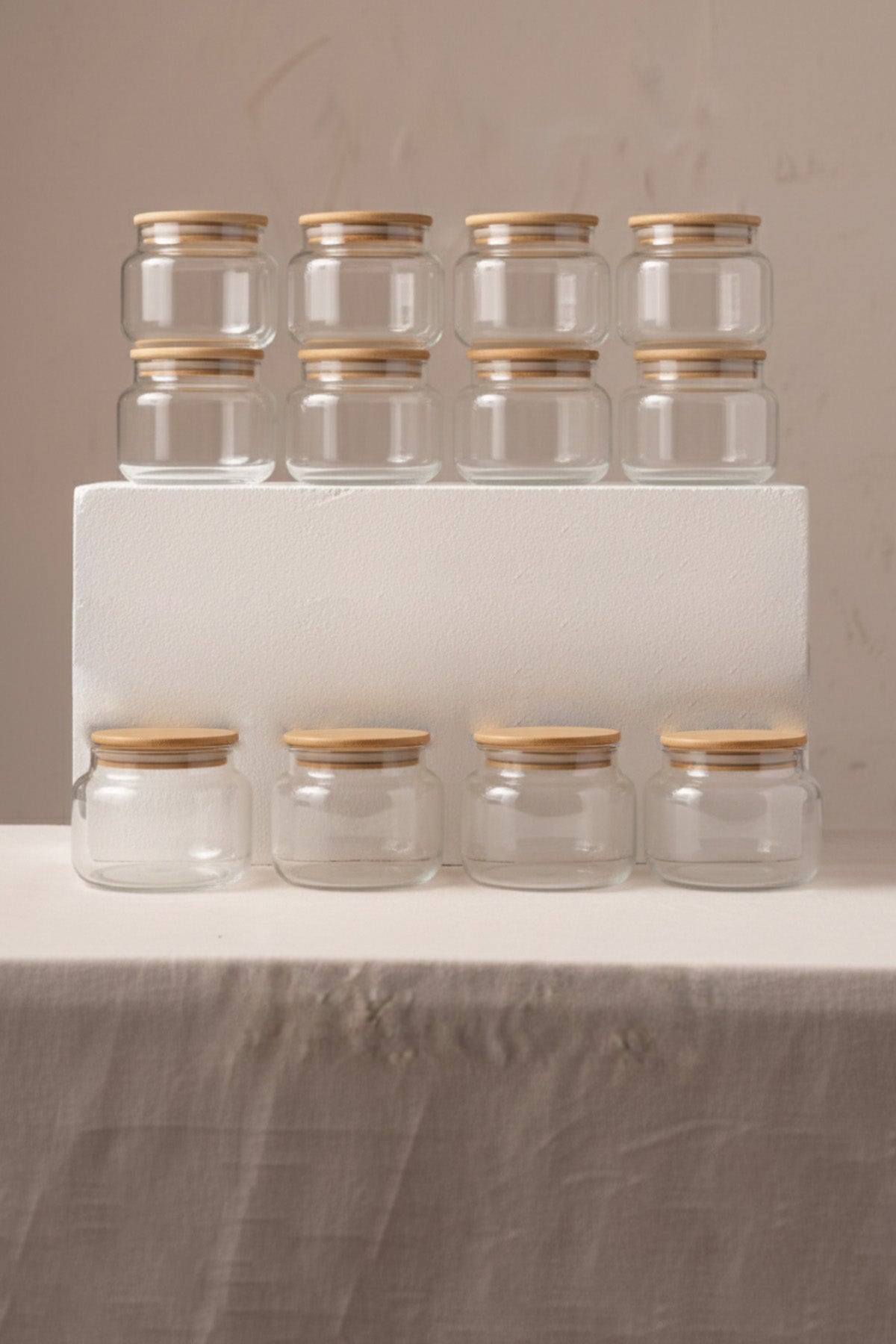 Basic Bambu Kapaklı 12'li Cam Kavanoz Seti 350 cc