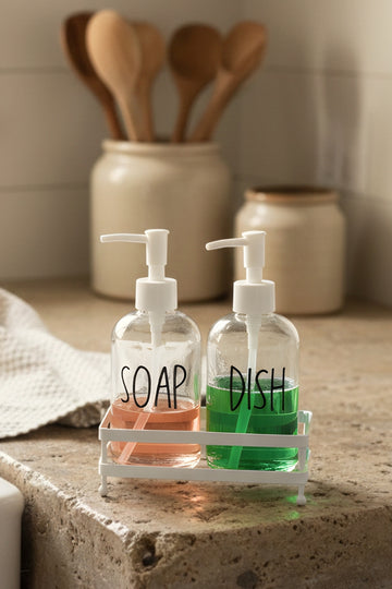 Basic Beyaz Metal Kare Stantlı 2'li Sıvı Sabunluk Seti 420 cc