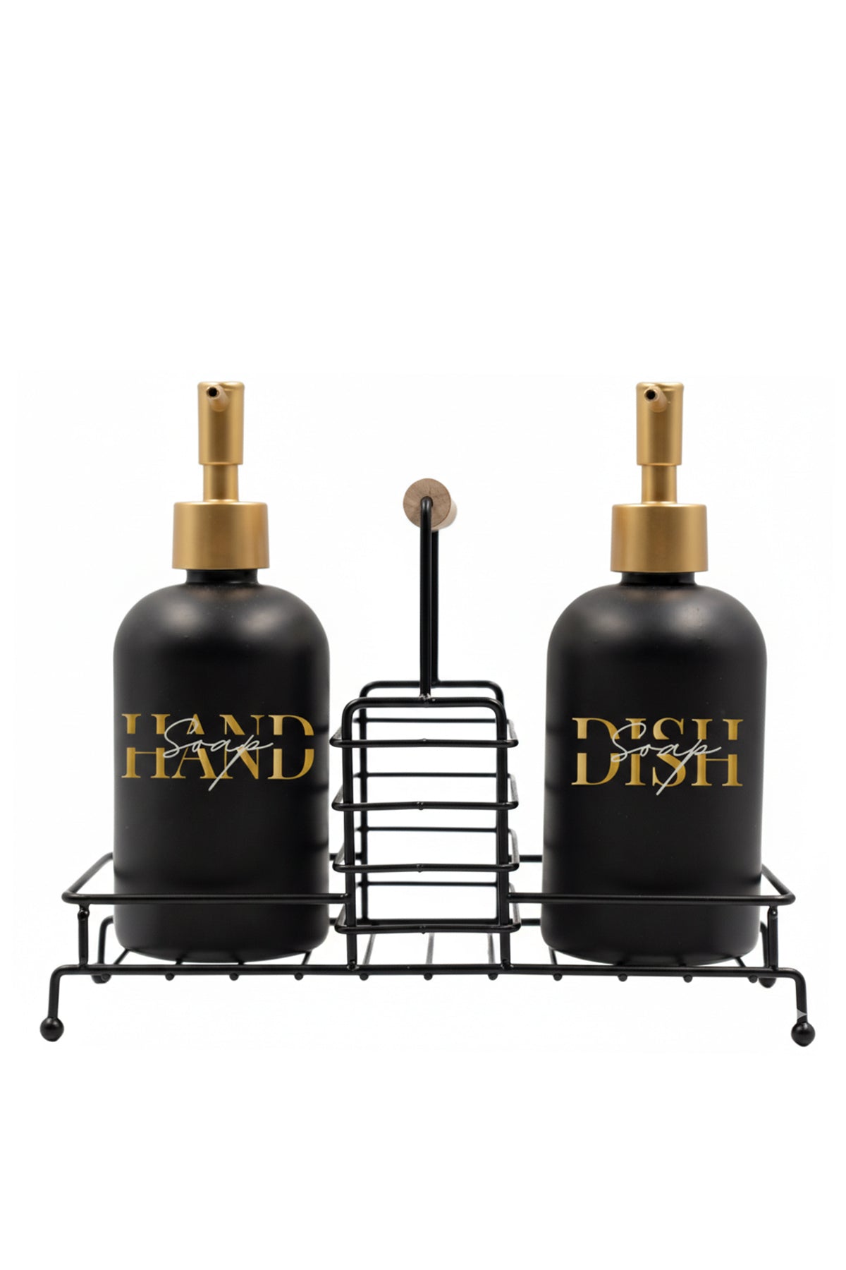 Essential Siyah Metal Ahşap Kulplu Stand 2'li Sıvı Sabunluk Seti Siyah 420 cc