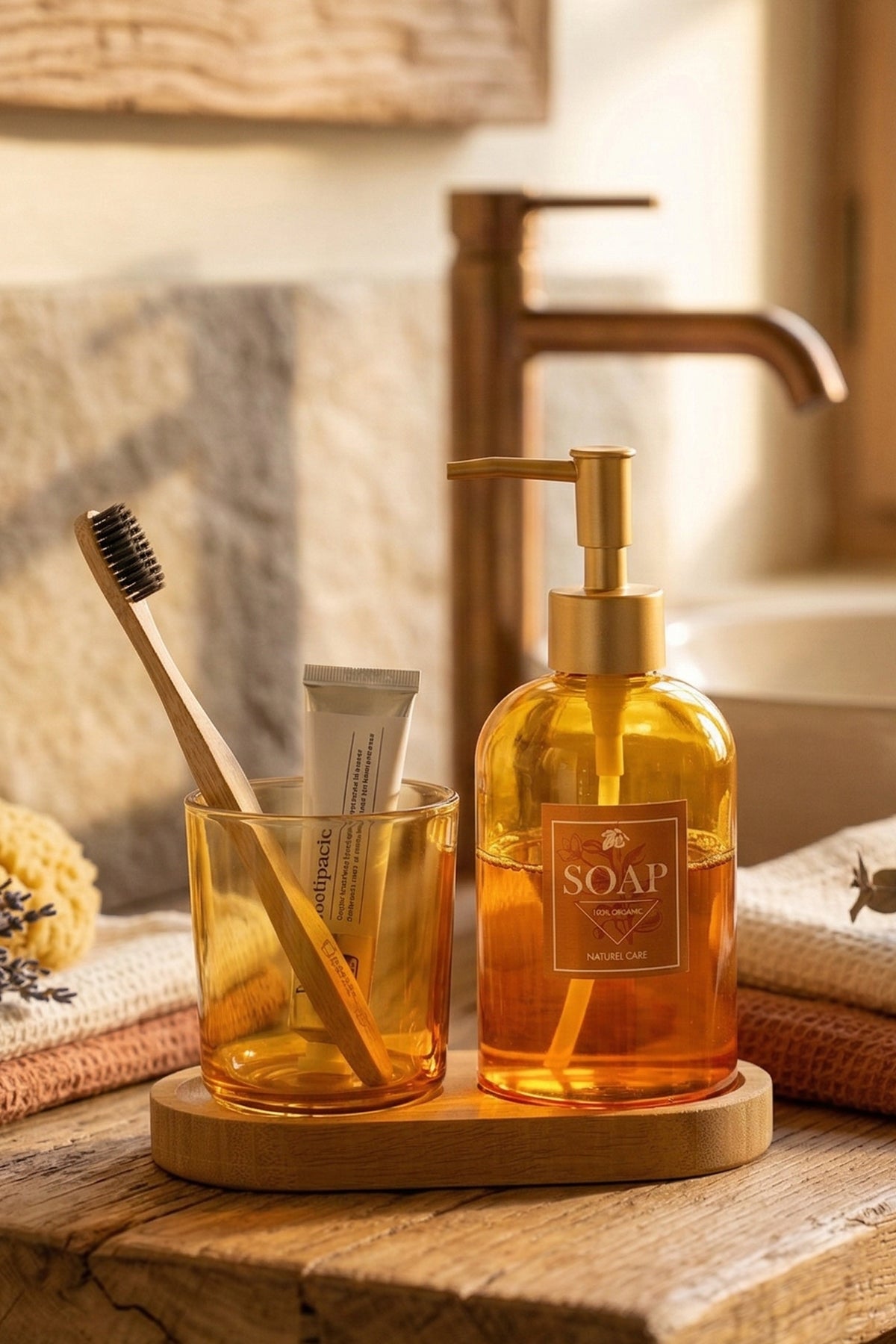 Vina Ahşap Standlı Banyo Seti Amber 420 cc