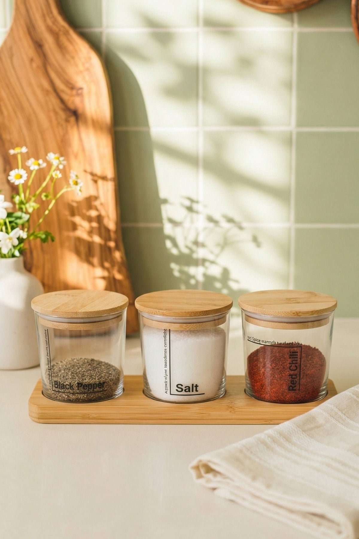 Daily Bambu Kapak ve Stantlı 3'lü Baharatlık Seti 380 cc