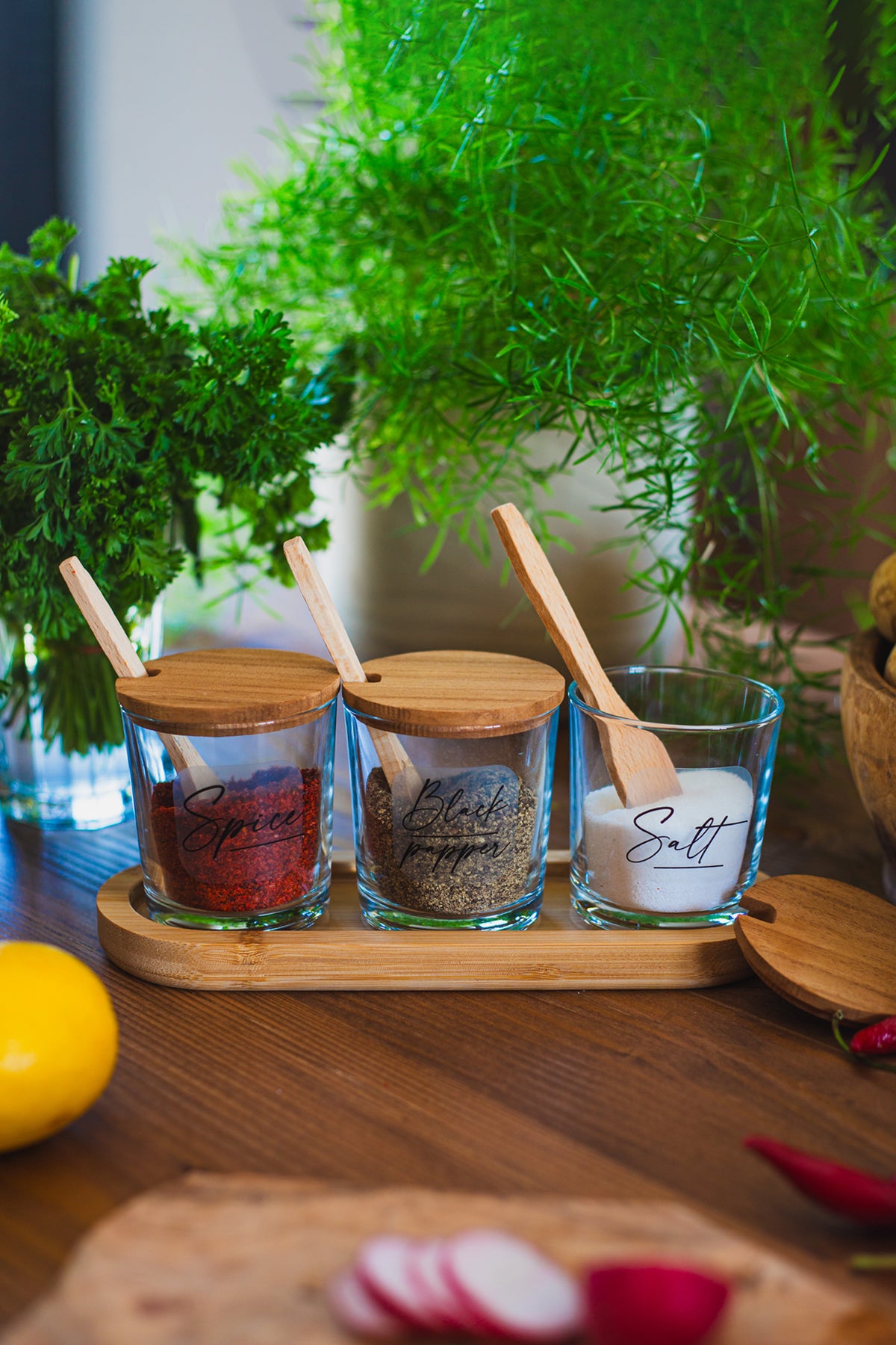 Marsala Bambu Kaşıklı ve Stantlı 3'lü Baharatlık Seti 190 cc