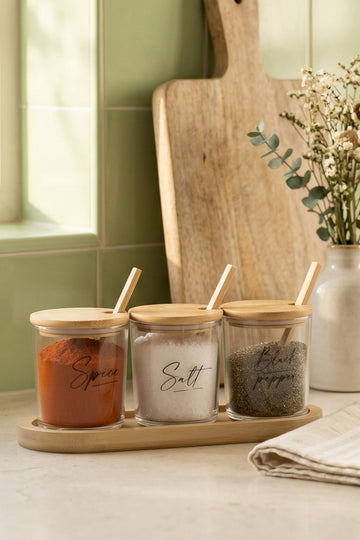 Marsala Bambu Kaşıklı ve Stantlı 3'lü Baharatlık Seti 190 cc